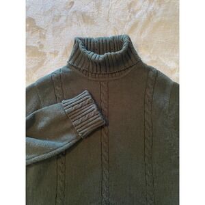 Vintage Bill Blass Sweater Sz L Dark Green Cable Knit Turtleneck Rib Cuffs Retro